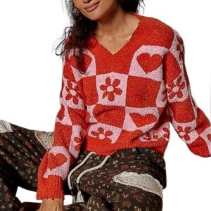 POL Red and Pink Heart & floral checkered chenille Sweater v neck L